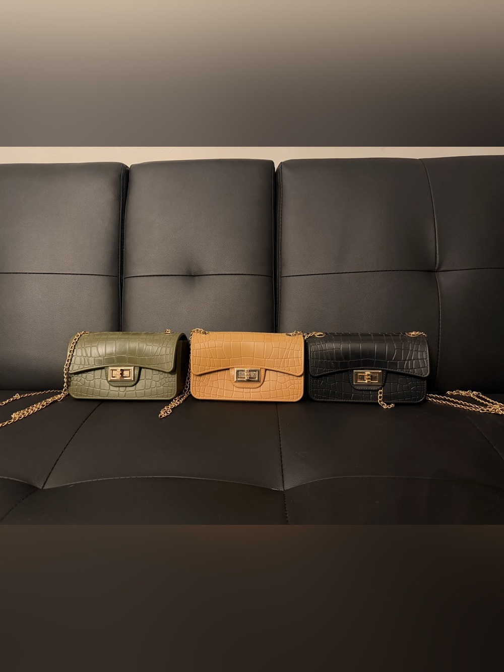 Croc-Embossed Chain Shoulder Bags - Black, Tan, and Olive